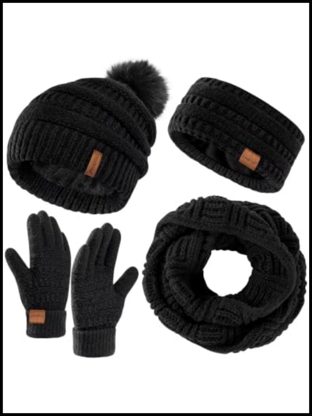 Winter Hat Gloves Scarf Headband Set Fleece Beanie Neck Warmer Knit Touchscreen
